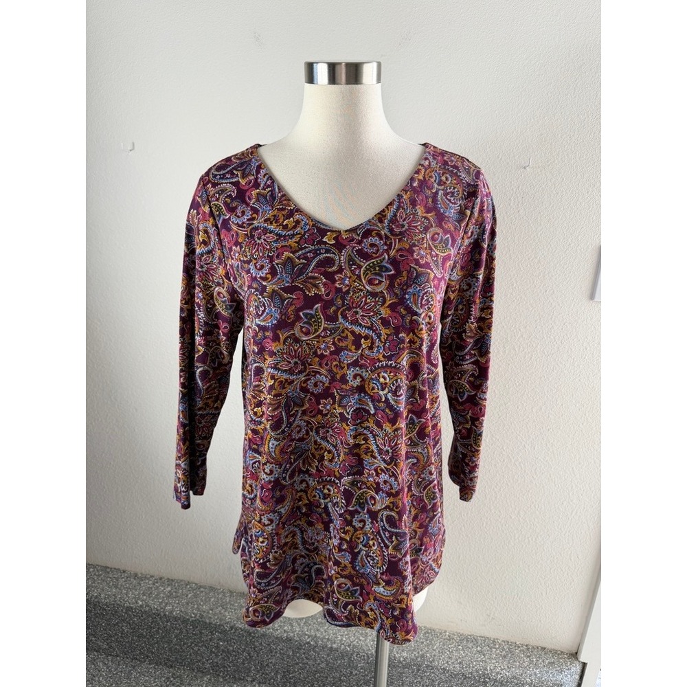 J Jill Womens Large 100% Pima Cotton 3/4 Sleeve V Neck Tunic Top Burgundy Floral